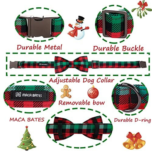 Christmas-themed dog collar set with bowtie and durable metal buckle.