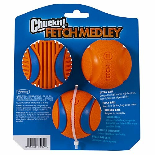 Pack of three Chuckit! Fetch Medley dog balls in orange and blue.