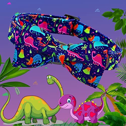 Colorful dinosaur-themed bow tie with cartoon dinosaurs and leaves.