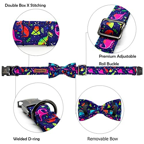 Colorful dinosaur-patterned dog collar with bow and adjustable buckle.