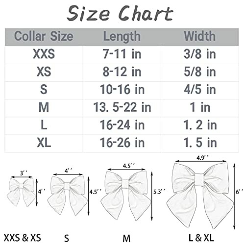 Dog collar size chart with measurements for different bow sizes.