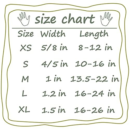 Dog collar size chart with measurements for XS, S, M, L, XL.