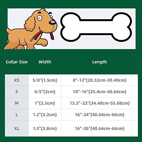 Dog collar size chart with measurements for XS to XL.