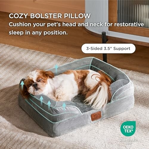 Dog resting on a cozy bolster pillow with 3-sided support.