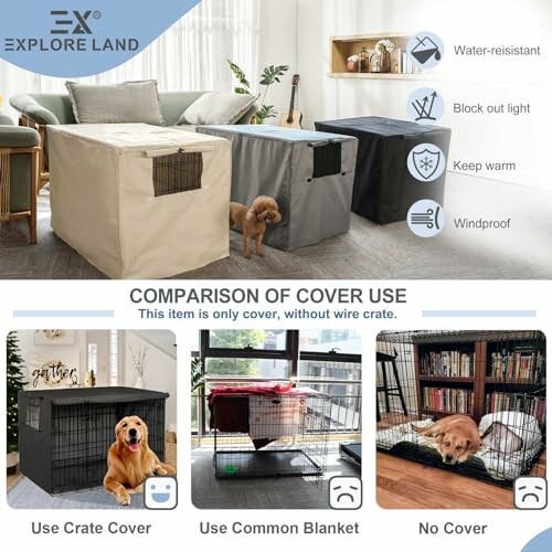 Dog crate covers compared: cover use, blanket use, no cover.