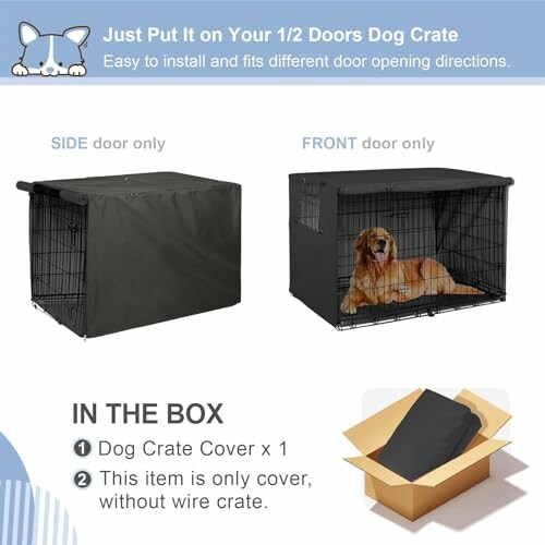 Dog crate cover with side and front door options, showing a dog inside a crate and packaging box.