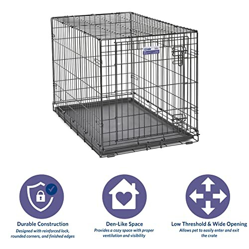 Metal wire dog crate with durable construction, den-like space, and wide opening.