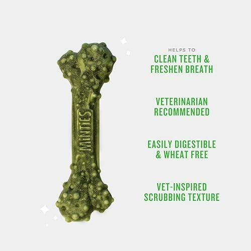 Green dental chew bone for dogs with benefits listed.