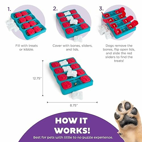 Dog puzzle toy with steps for use and measurements.