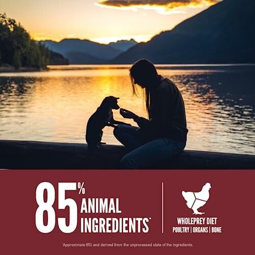 Person with dog by a lake at sunset, promotional banner for 85% animal ingredients