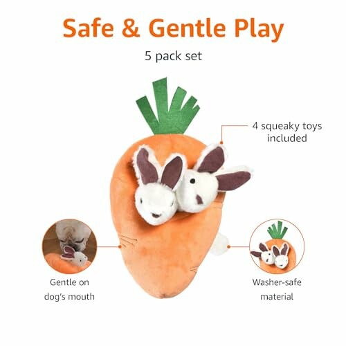 Dog toy set with carrot and squeaky bunnies, safe and gentle play.