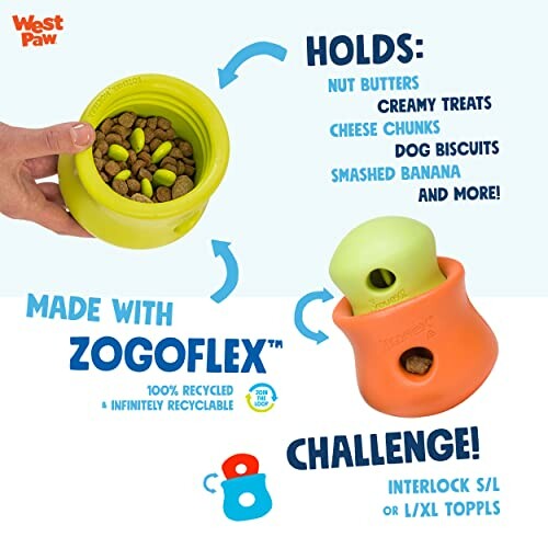 Colorful dog toy treat holder with Zogoflex material.