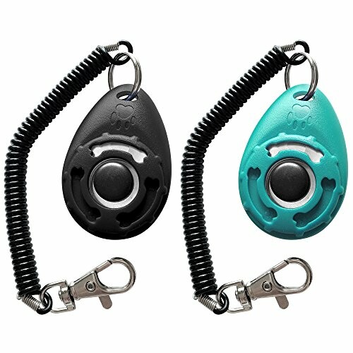 Black and teal dog training clickers with coiled wrist straps.