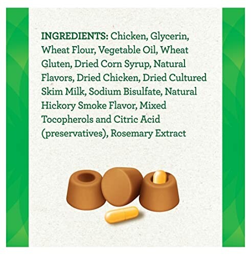 List of ingredients and image of dog treats and a capsule.