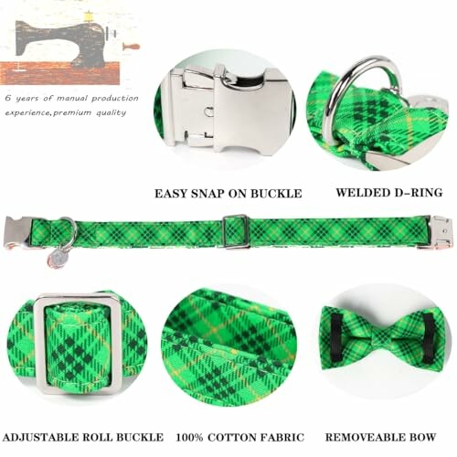 Green plaid dog collar with buckle and bow features