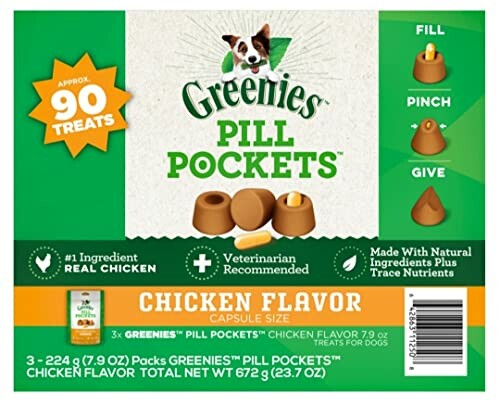 Greenies Pill Pockets for dogs, chicken flavor, 90 treats.