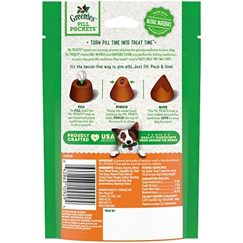 Greenies Pill Pockets dog treat package back with instructions.