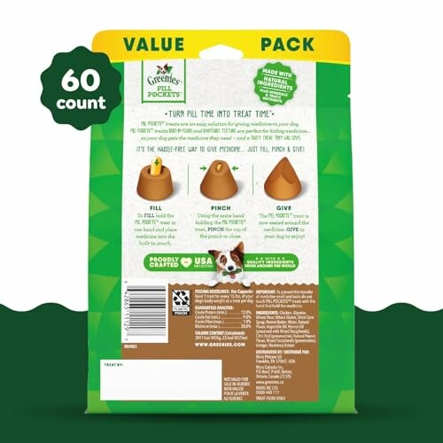 Greenies Pill Pockets value pack for dogs, 60 count, with instructions.