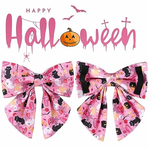 Pink Halloween-themed hair bows with cat patterns.