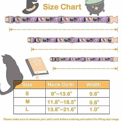 Halloween-themed pet collar size chart with measurements for neck girth and width.