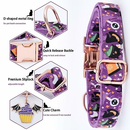 Purple dog collar with Halloween design and metal buckle.