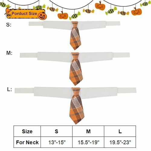 Halloween-themed dog ties in sizes small, medium, and large with neck measurements.