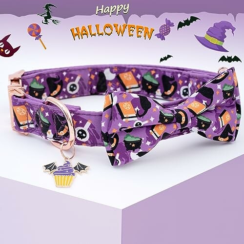 Purple Halloween pet collar with bow and spooky patterns.