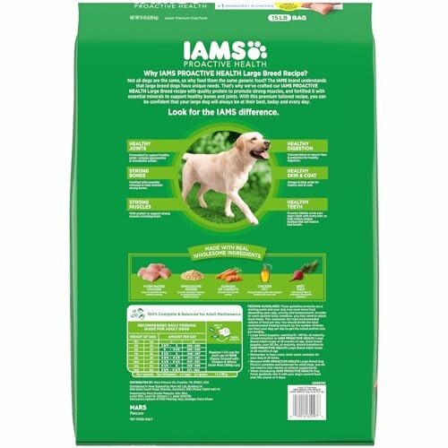 Back of IAMS Proactive Health dog food bag with nutritional information and ingredients.