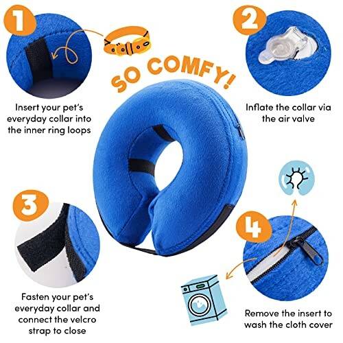 Blue inflatable pet collar with instructions for use.