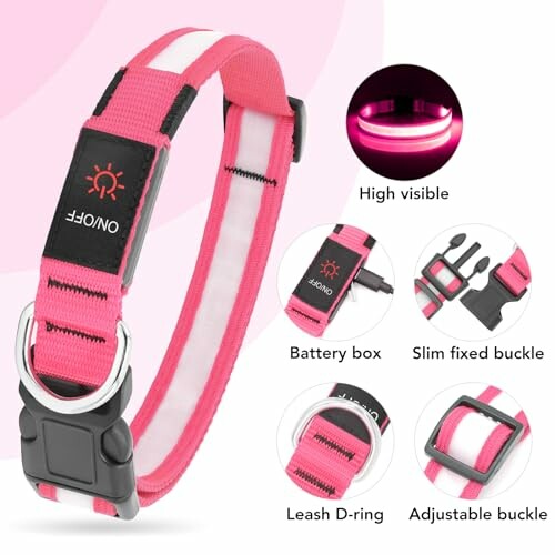 Pink LED dog collar with adjustable buckle and leash D-ring.