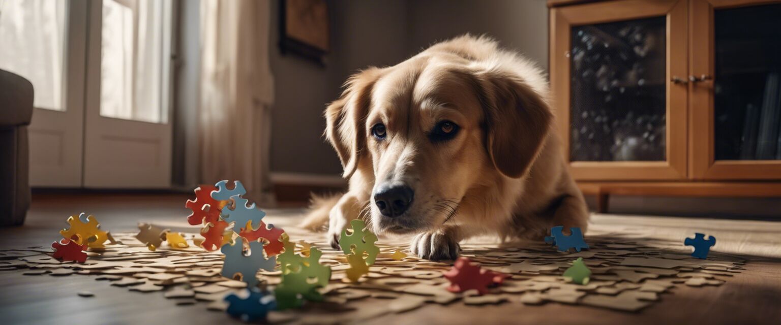 A dog engaged with puzzle toys for mental stimulation.