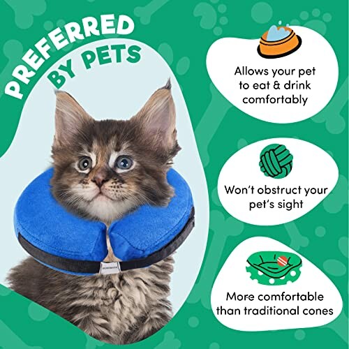 Cat wearing a blue comfort collar with benefits listed.