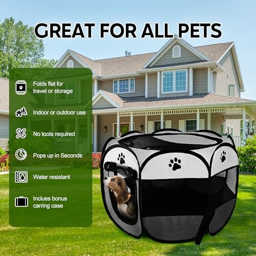 Collapsible pet playpen with dog in front of a house.