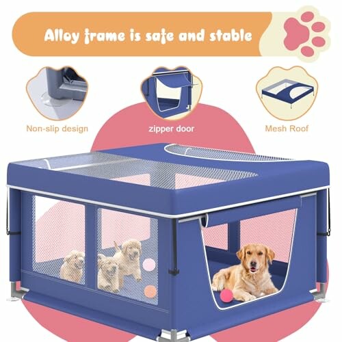 Blue pet playpen with alloy frame, mesh roof, and zipper door, featuring dogs inside.