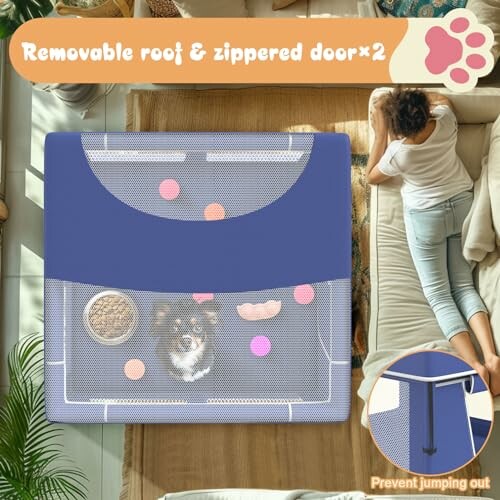 Pet playpen with removable roof, zippered doors, and a dog inside.