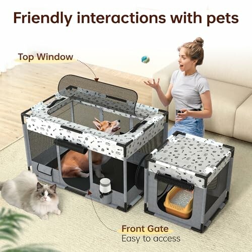 Woman interacting with dog in playpen and cat nearby.