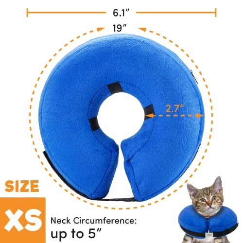 Blue pet recovery collar with size XS and neck circumference up to 5 inches.