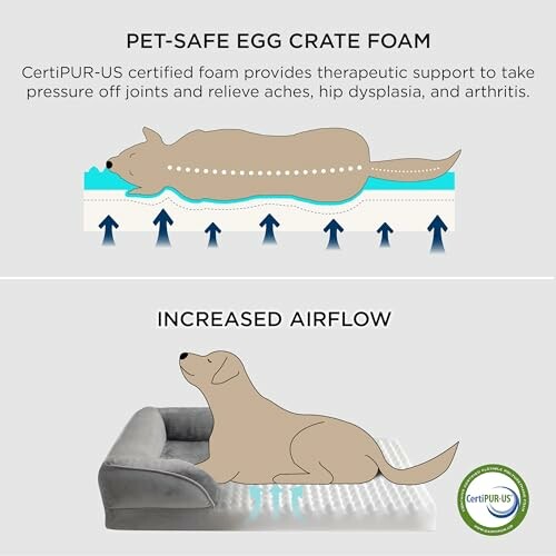 Diagram of dog on egg crate foam showing therapeutic support and increased airflow.