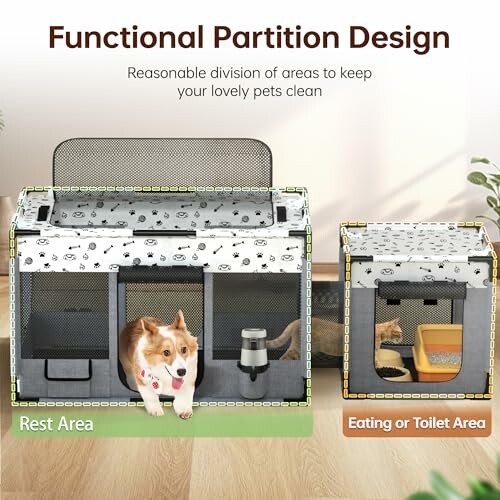 Pet furniture with rest and eating areas for cats and dogs.