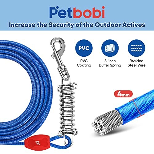 Petbobi outdoor dog tie-out cable with PVC coating and buffer spring.