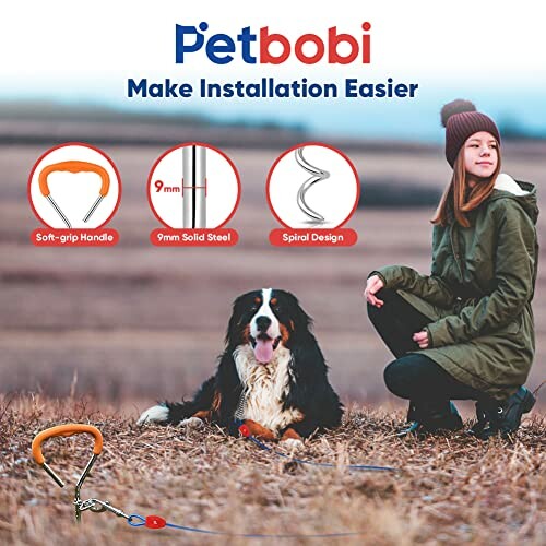 Woman with dog using Petbobi tie-out cable in a field.