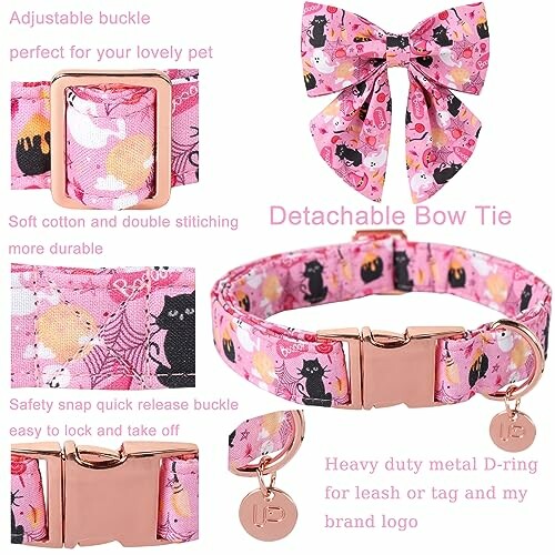 Pink cat-themed collar with detachable bow tie and metal buckle.