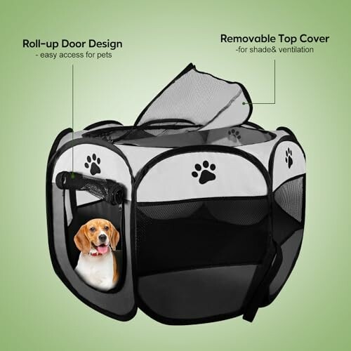 Portable pet playpen with roll-up door and removable top cover.