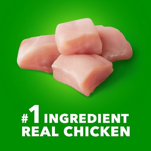 Chunks of raw chicken with text '#1 Ingredient Real Chicken' on green background.