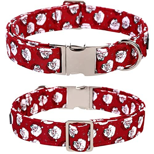 Red dog collars with white floral pattern and metal buckles.