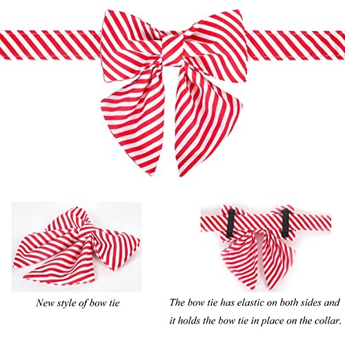 Red and white striped bow tie with elastic for collar attachment.