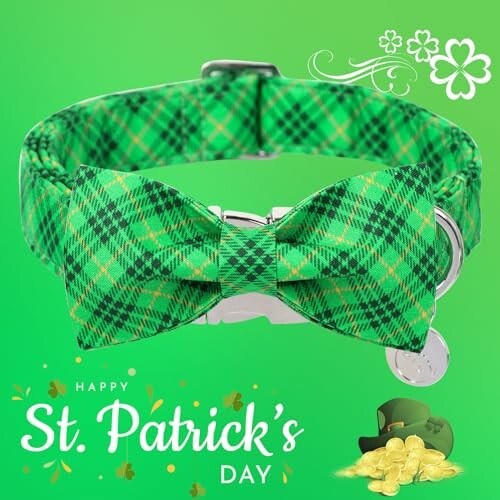 Green plaid dog collar with bow for St. Patrick's Day