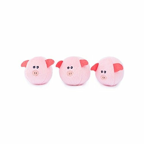 Three pink plush pig toys with red ears.