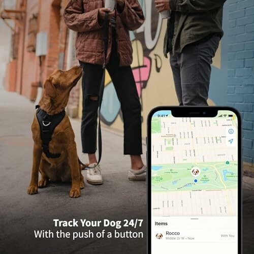 Dog with owners and phone showing tracking app