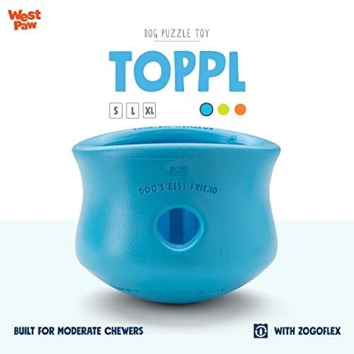 West Paw Toppl dog puzzle toy in blue, suitable for moderate chewers.